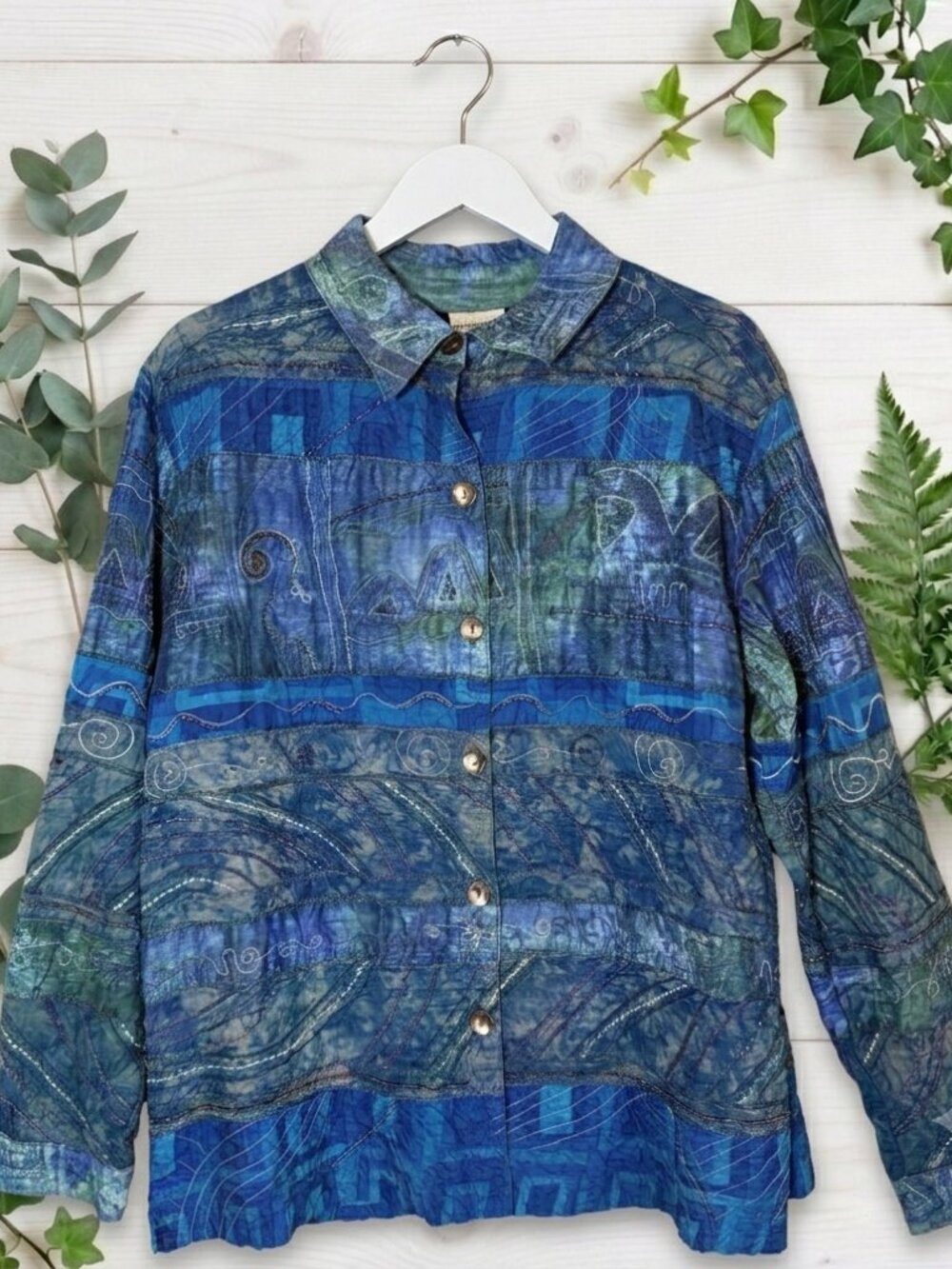 Chico's Women XL Sz 3 Silk Rayon Beaded Embroidered Abstract Jacket Blue Boho